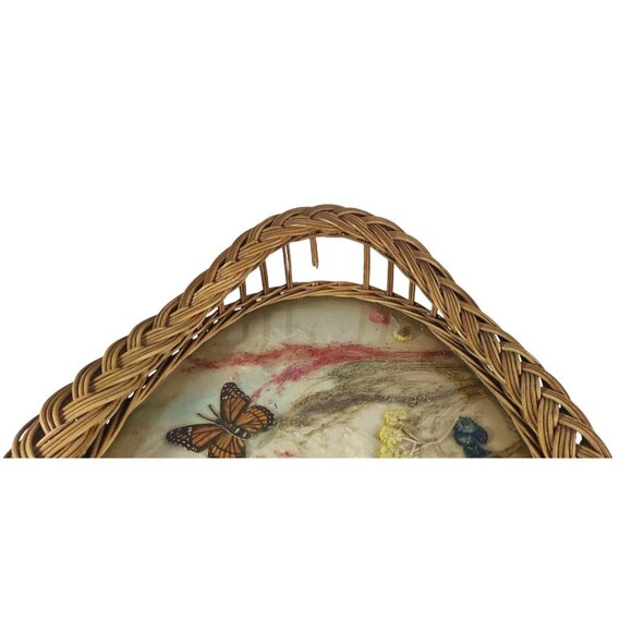 Vintage Wicker Serving Tray W/Floral & Butterfly Design-Piece Broken Near Handle - Picture 3 of 9